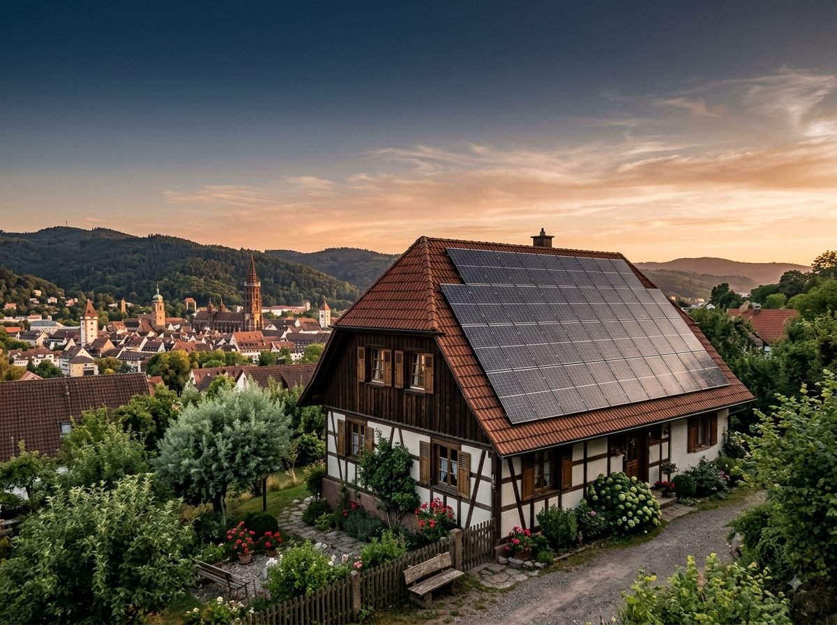 Freiburger Fachwerkhaus mit installierter Photovoltaikanlage auf dem Dach bei Sonnenuntergang
