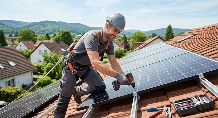 Monteur befestigt ein Solarmodul auf einem Ziegeldach